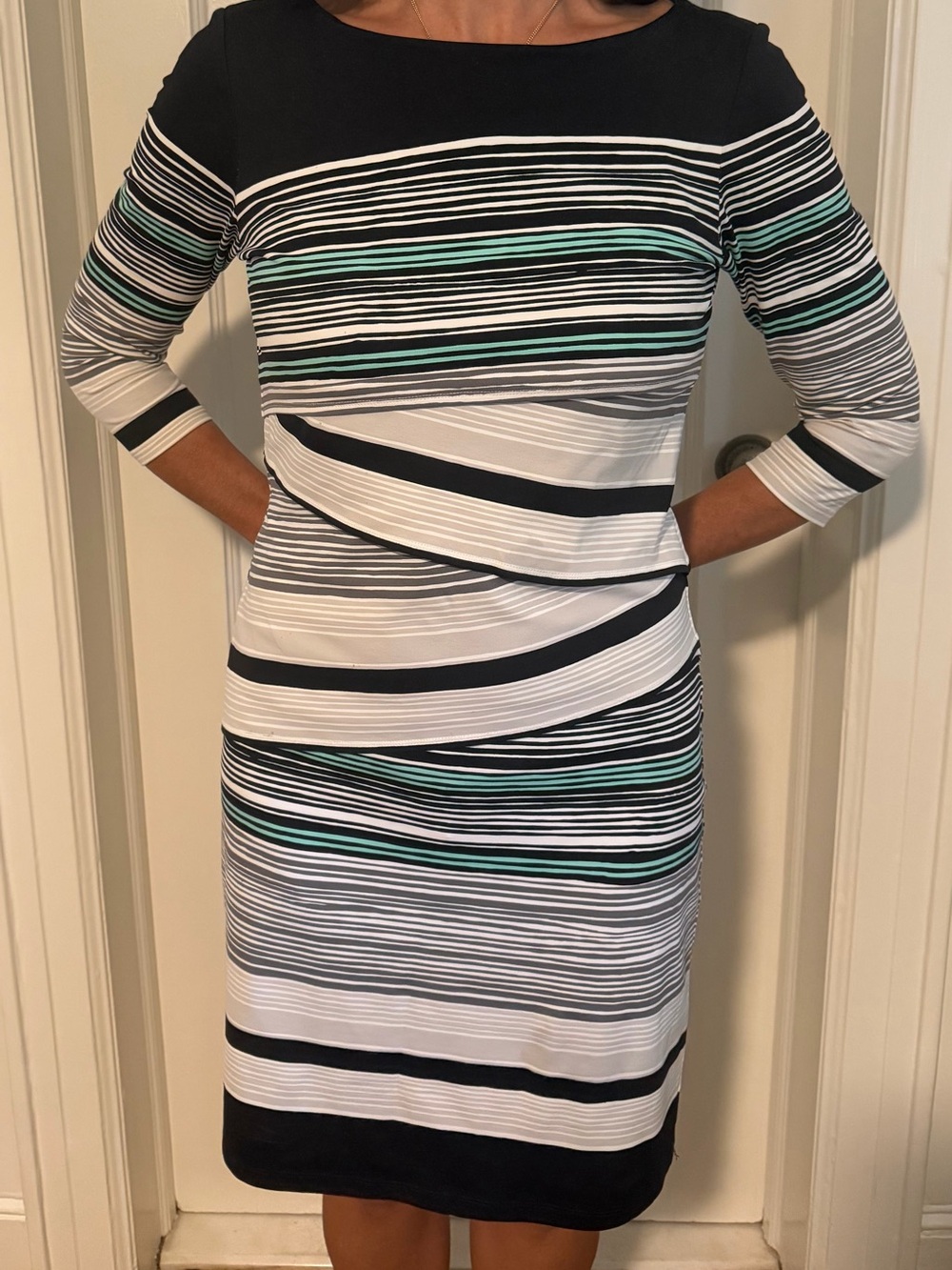 Striped Midi Sheath Dress in Black, White & Mint
